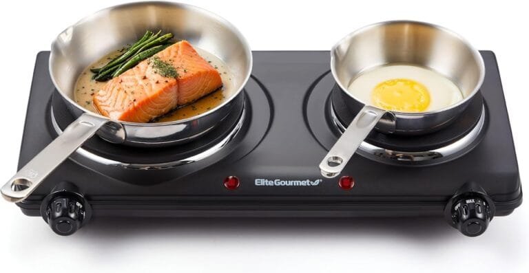 elite gourmet edb 302bf# countertop double cast iron burner, 1500 watts electric hot plate, temperature controls, power indicator lights, easy to clean, black