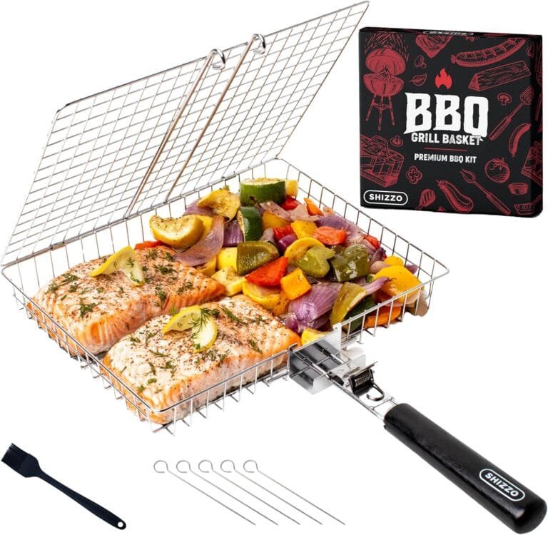 grill basket, barbecue bbq grilling basket , stainless steel large folding grilling baskets with handle, portable outdoor camping bbq rack for fish, shrimp, vegetables, barbeque griller cooking accessories