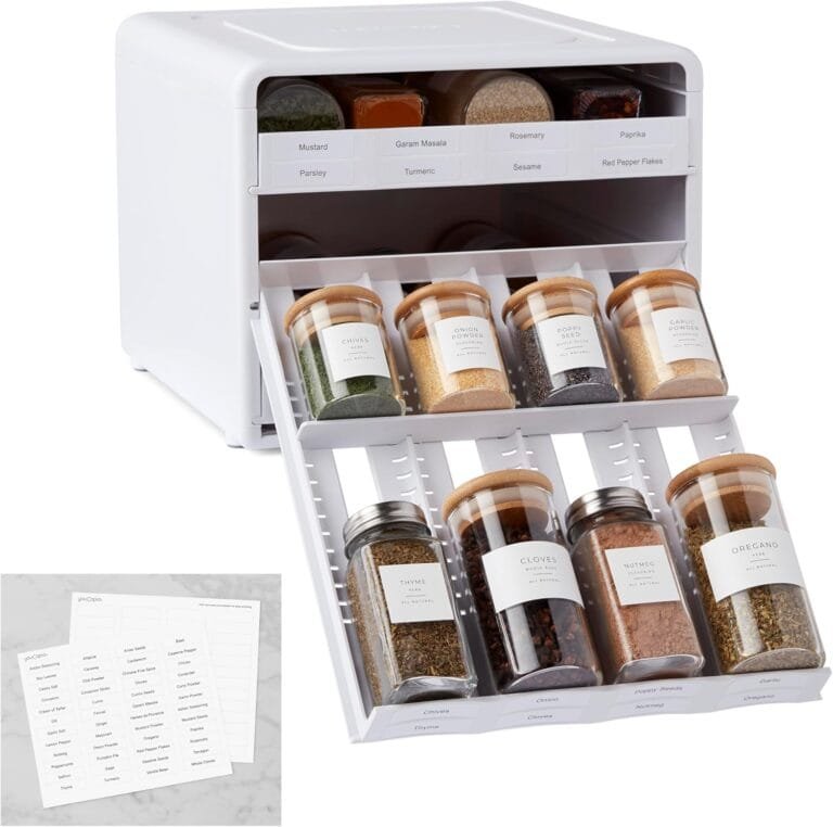 youcopia spicestack adjustable spice rack organizer, pull down 24 bottle seasonings and spices holder for kitchen cabinet and pantry organization with 104 included labels